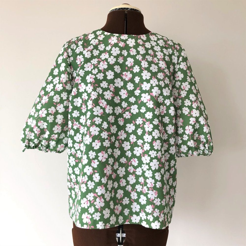 Green and Pink Floral Top with Elbow Puff Sleeves
